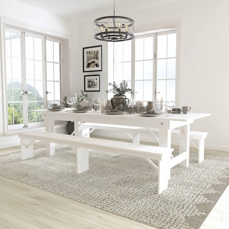 Flash Furniture 9'x40" White Table/2 Bench Set XA-FARM-6-WH-GG